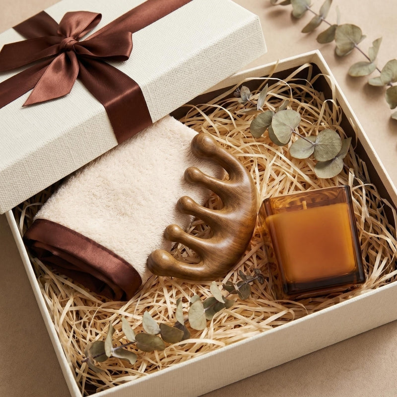 The Earthy Wood Bath Ritual Gift Set | Curated Satin-Trim Towel, Wooden Comb & Amber Candle Collection