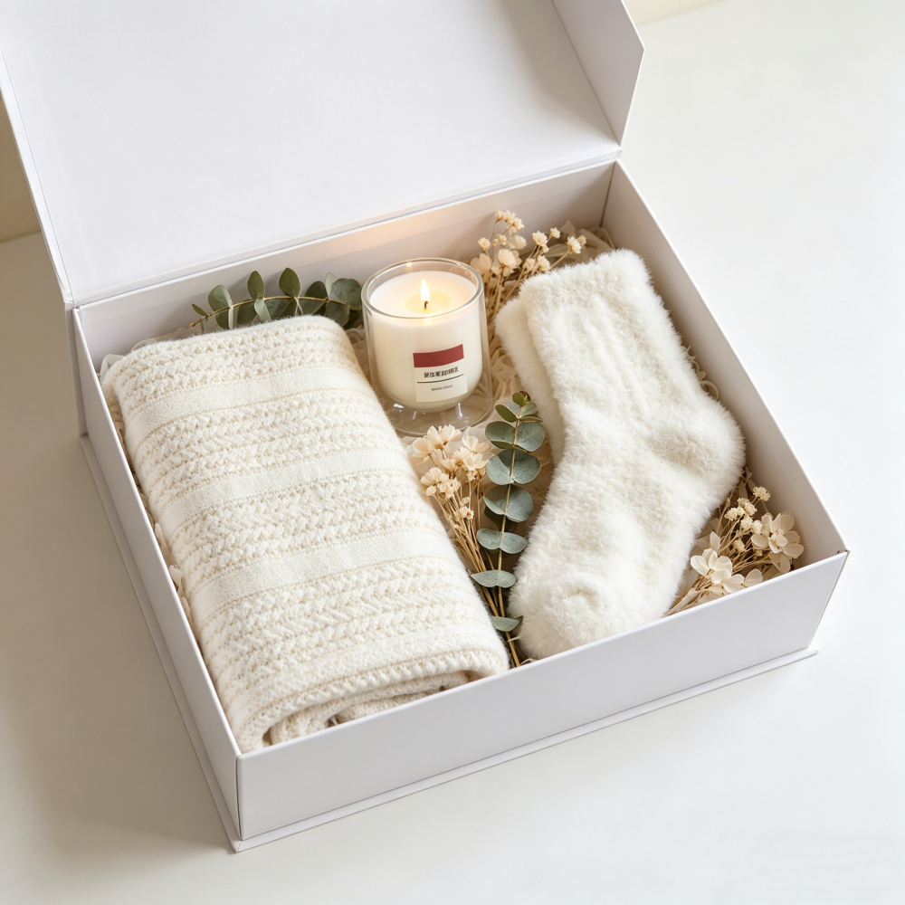 The Striped Comfort Ritual Gift Set | Cream Stripe Knit Throw, Glass Vessel Candle & Plush Fuzzy Socks