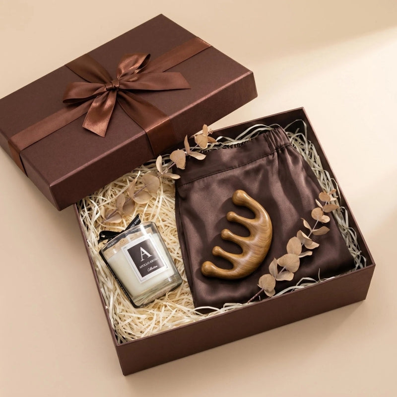 The Cocoa Wood At-Home Spa Ritual Gift Set | Curated Luxury Bath Wrap, Wooden Comb & Candle Collection