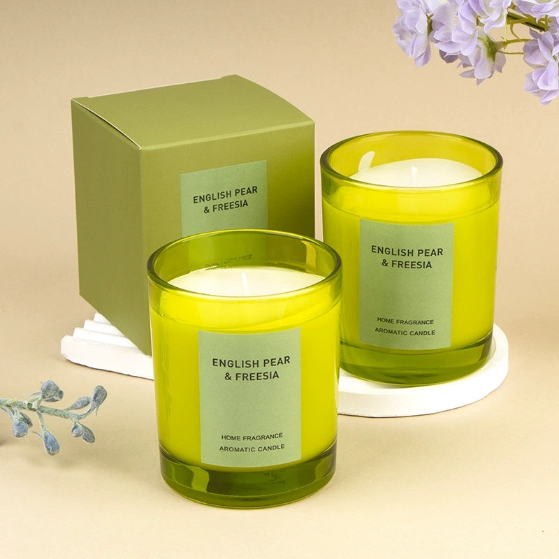 Lime Green Glass Soy Wax Candle 200g | English Pear & Freesia Swiss Givaudan Oil Home Scent Candle for Gift & Bedroom Relaxation