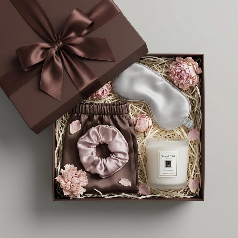 The Cocoa Night Bath & Sleep Ritual Gift Set | Curated Luxury Satin Wrap, Eye Mask, Scrunchie & Candle Collection