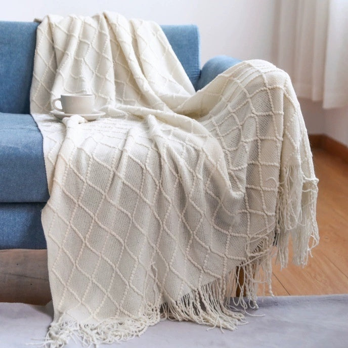Diamond Knit Throw Blanket with Tassels | Bulk-Ready for Custom Gift Sets