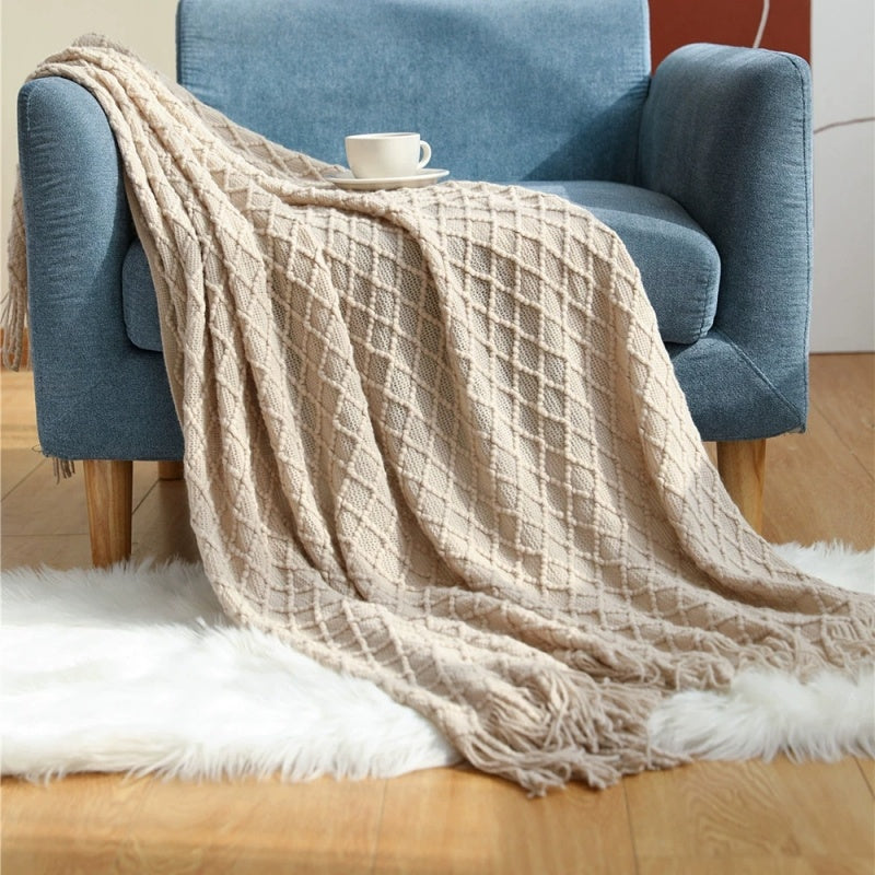 Diamond Textured Knit Throw Blanket with Tassels | Bulk-Ready for Custom Gift Sets