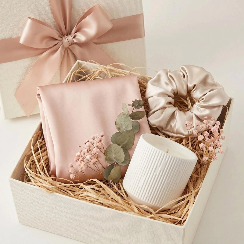 The Blush At-Home Spa Ritual Gift Set | Curated Luxury Bath Wrap, Satin Scrunchie & Candle Collection