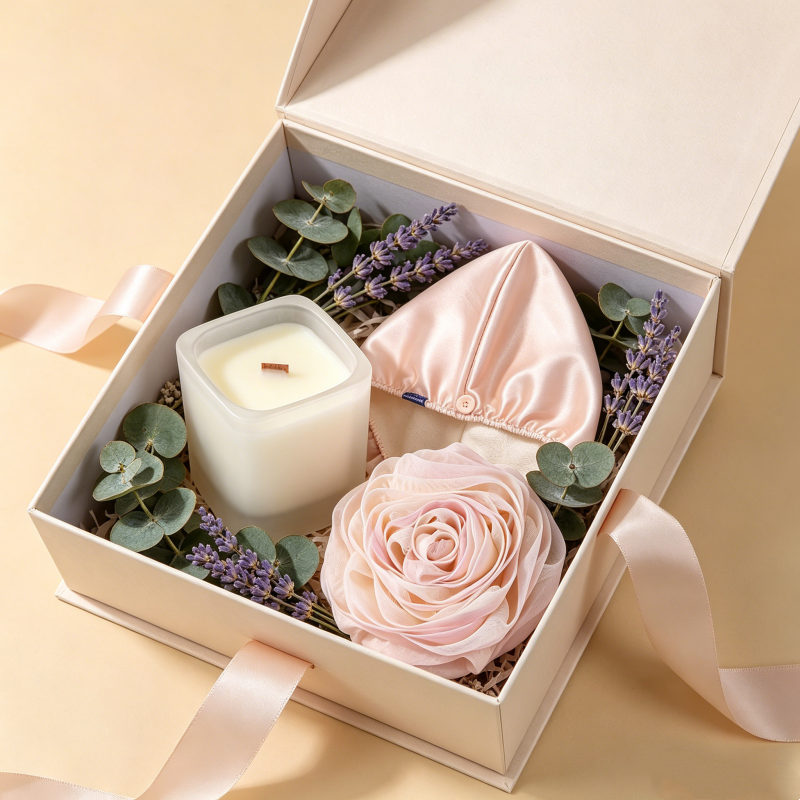 The Blush Lavender Spa Ritual Gift Set | Scented Candle, Satin Hair Wrap & Rose Bath Sponge