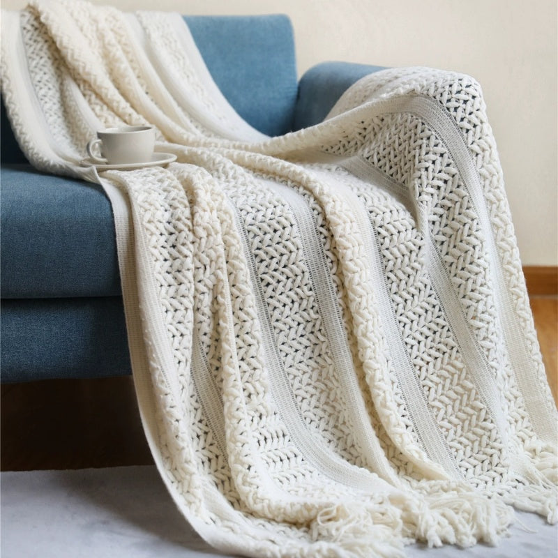 Openwork Striped Knit Throw Blanket with Tassels | Bulk-Ready for Custom Gift Sets