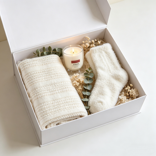 The Striped Comfort Ritual Gift Set | Cream Stripe Knit Throw, Glass Vessel Candle & Plush Fuzzy Socks