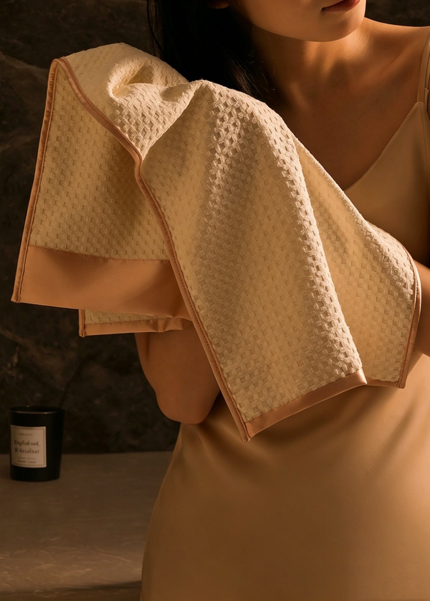 Waffle Weave Satin-Trim Towel & Bath Sheet Set | 7A Antibacterial Luxury Bath Linens