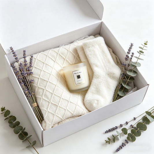 The Ultimate Sleep Ritual Gift Set | Off-White Diamond Knit Throw, Luxury Scented Candle & Plush Fuzzy Socks