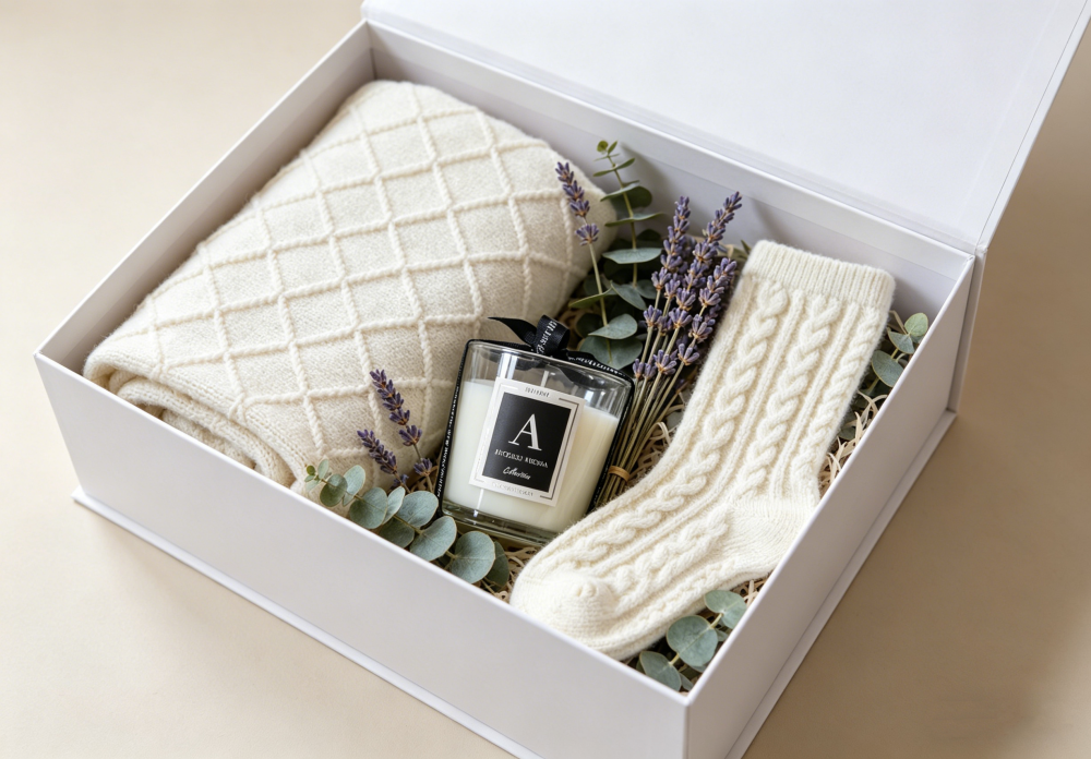The Classic Comfort Ritual Gift Set | Off-White Diamond Knit Throw, Signature Black Label Candle & Cable Knit Socks