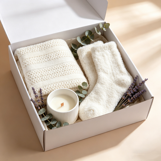 The Ultimate Cozy Home Ritual Gift Set | Knitted Throw Blanket, Scented Candle & Plush Socks