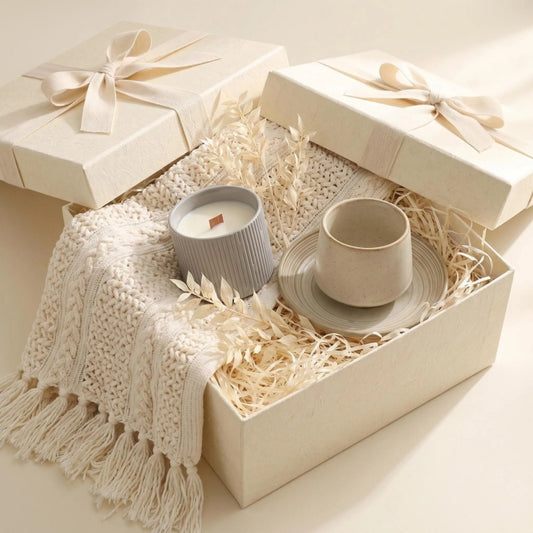 The Neutral Hearth Ritual Gift Set | Curated Knit Blanket, Grey Candle & Stoneware Cup & Saucer Collection