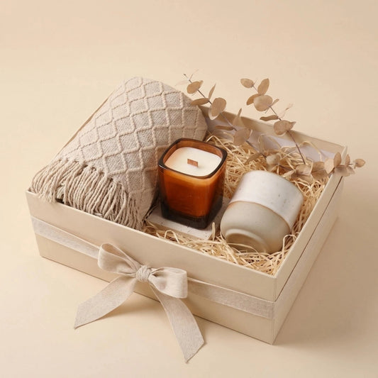 The Cozy Hearth Ritual Gift Set | Curated Knit Blanket, Amber Candle & Stoneware Mug Collection