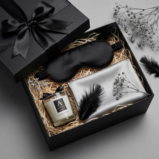 The Noir Sleep Ritual Gift Set | Curated Luxury Satin Eye Mask, Pillowcase & Candle Collection