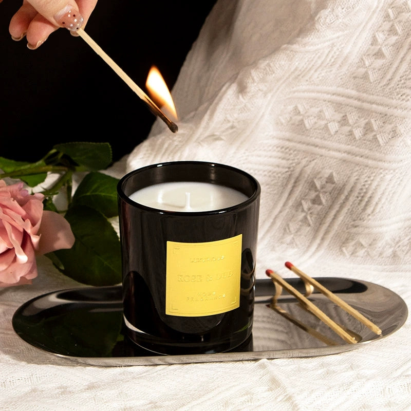 Black Jar Gold Label Ribbon Cylinder Soy Wax Candle 230g | Rose & Oud Givaudan Essential Oil Luxury Gift Candle