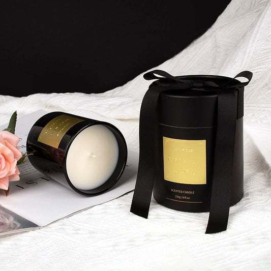 Black Jar Gold Label Ribbon Cylinder Soy Wax Candle 230g | Rose & Oud Givaudan Essential Oil Luxury Gift Candle