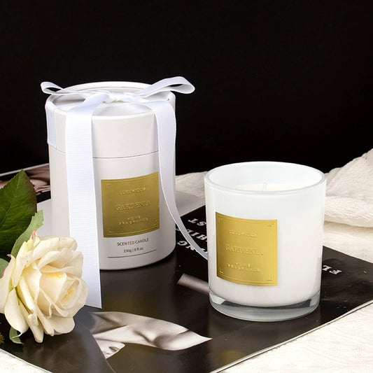 Gold Label Ribbon Cylinder Soy Wax Scented Candle 230g | Gardenia Luxury Gift Candle with Premium Givaudan Essential Oil
