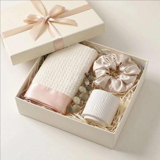 The Everyday Calm Bath Gift Set | Curated Satin-Trim Towel, Satin Scrunchie & Candle Collection
