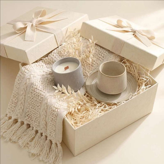 The Neutral Hearth Ritual Gift Set | Curated Knit Blanket, Grey Candle & Stoneware Cup & Saucer Collection