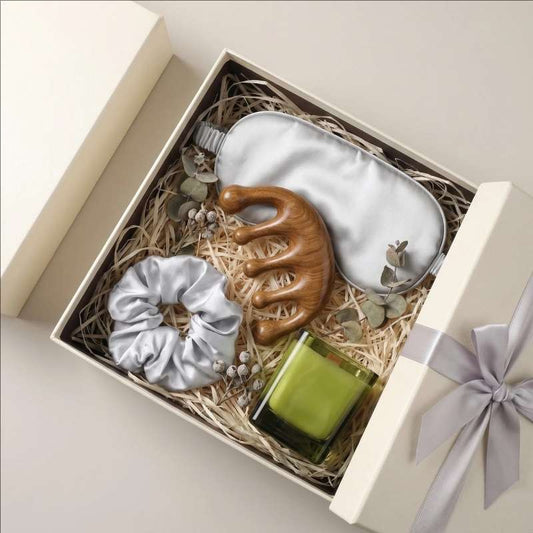 The Zen Night Sleep Ritual Gift Set | Curated Self-Care Collection with Satin Eye Mask, Scrunchie, Wooden Comb & Candle