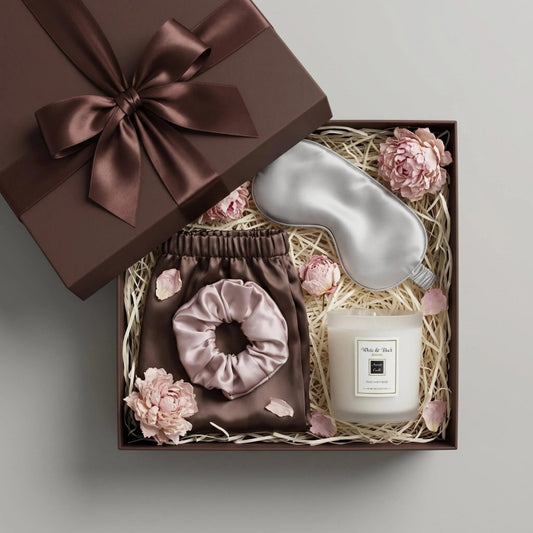 The Cocoa Night Bath & Sleep Ritual Gift Set | Curated Luxury Satin Wrap, Eye Mask, Scrunchie & Candle Collection