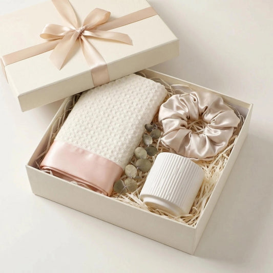 The Everyday Calm Bath Gift Set | Curated Satin-Trim Towel, Satin Scrunchie & Candle Collection