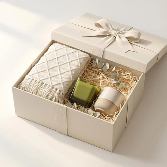 The Fresh Hearth Ritual Gift Set | Curated White Knit Blanket, Green Candle & Stoneware Mug Collection