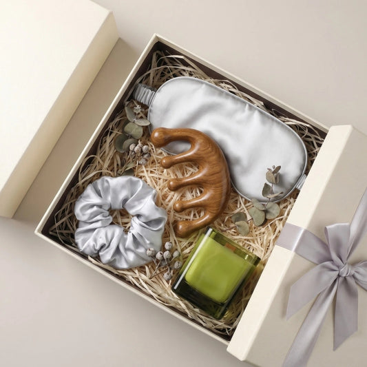 The Zen Night Sleep Ritual Gift Set | Curated Self-Care Collection with Satin Eye Mask, Scrunchie, Wooden Comb & Candle