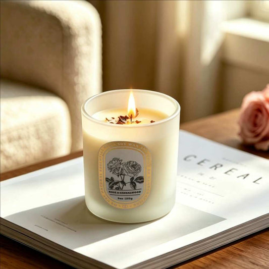 Matte White Frosted Glass Candle with Dried Rose Petals | Ritual Wick