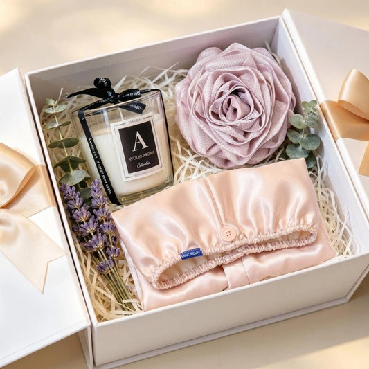Champagne Luxury Spa Ritual Gift Set | Black Label Candle, Satin Hair Wrap & Lavender Rose Bath Sponge