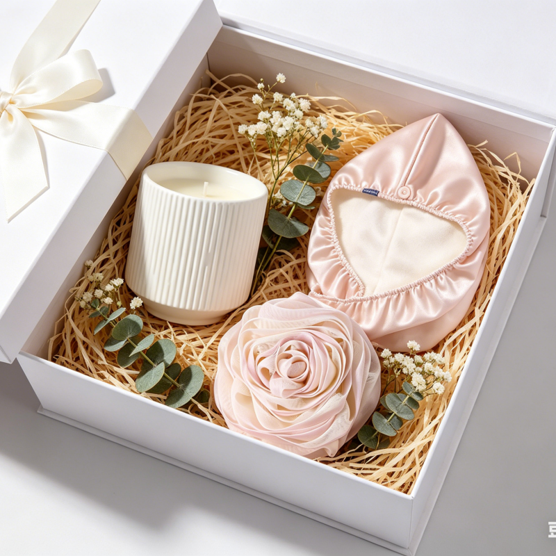 Blush Pink Spa Ritual Gift Set | Ribbed Ceramic Candle, Satin Hair Wrap & Rose Bath Sponge