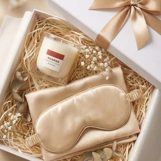 The Wild Rose Sleep Ritual Gift Set | Champagne Satin Eye Mask, Pillowcase & Double-Wall Glass Candle