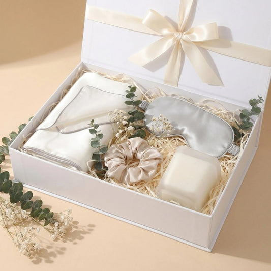 The Ivory Sleep Ritual Gift Set | Satin Eye Mask, Pillowcase, Scrunchie & Frosted Glass Candle