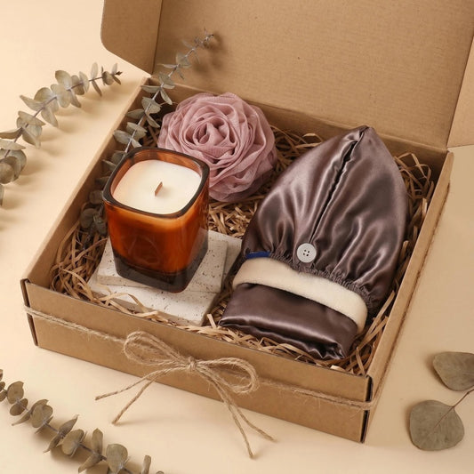 Warm Amber Spa Ritual Gift Set | Amber Glass Candle, Dusty Rose Satin Hair Wrap & Bath Sponge