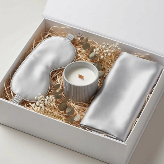 The Serene Grey Sleep Ritual Gift Set | Satin Eye Mask, Satin Pillowcase & Ceramic Candle