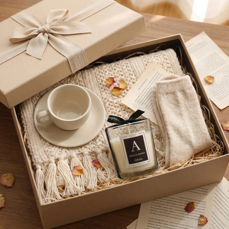 The Cozy White Hearth Ritual Gift Set | Curated Knit Blanket, Classic Candle & Soft Sock Collection