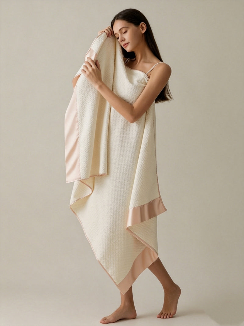 Waffle Weave Satin-Trim Towel & Bath Sheet Set | 7A Antibacterial Luxury Bath Linens