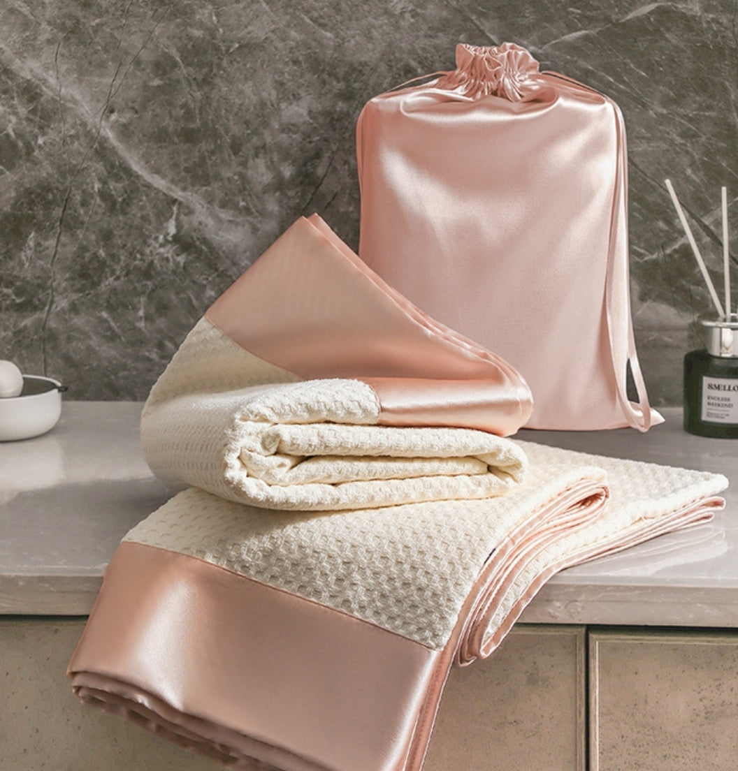 Waffle Weave Satin-Trim Towel & Bath Sheet Set | 7A Antibacterial Luxury Bath Linens