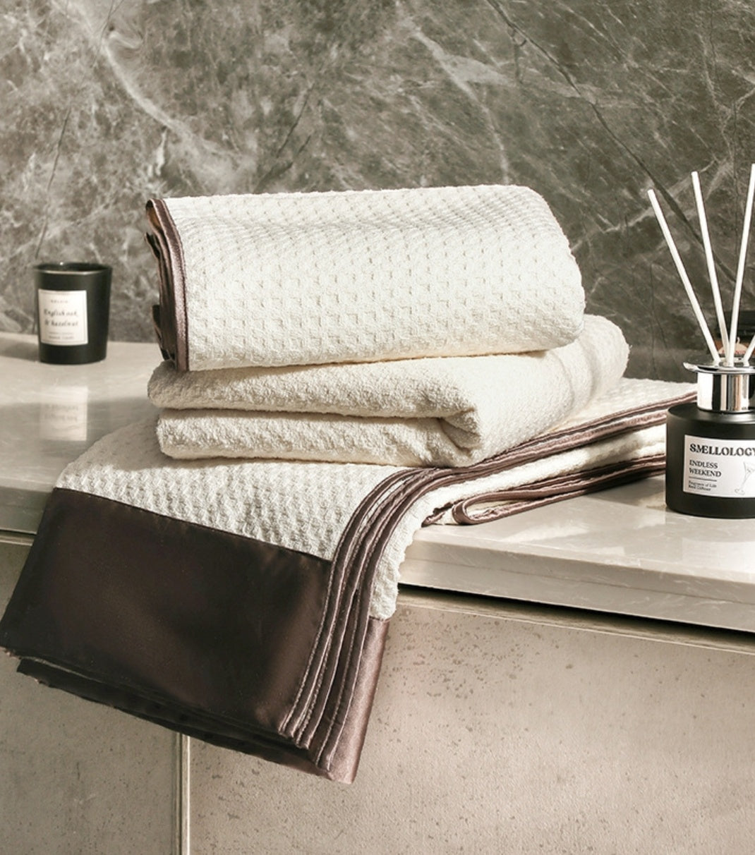Waffle Weave Satin-Trim Towel & Bath Sheet Set | 7A Antibacterial Luxury Bath Linens